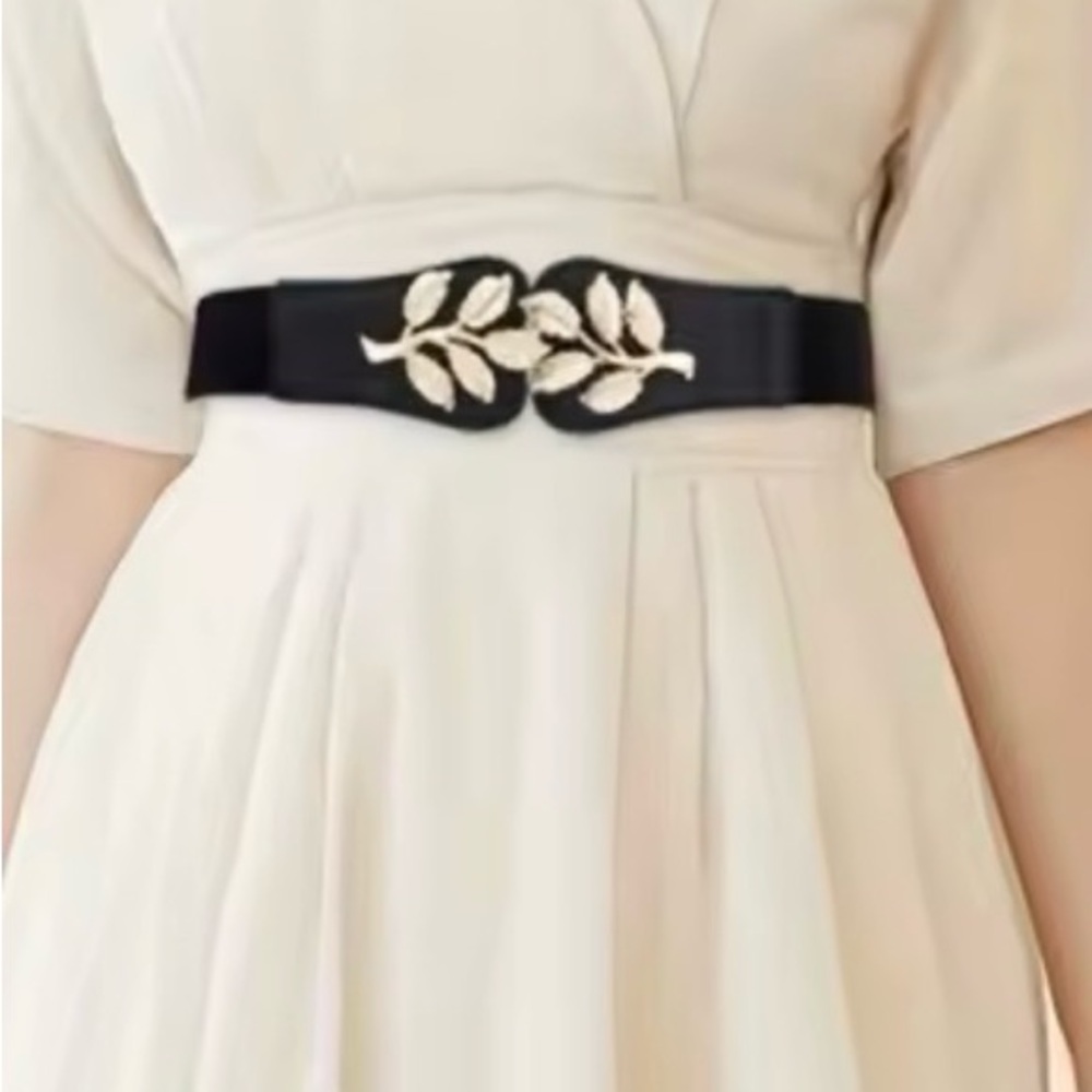 Elegant Black and Gold Leaf Elastic Belt